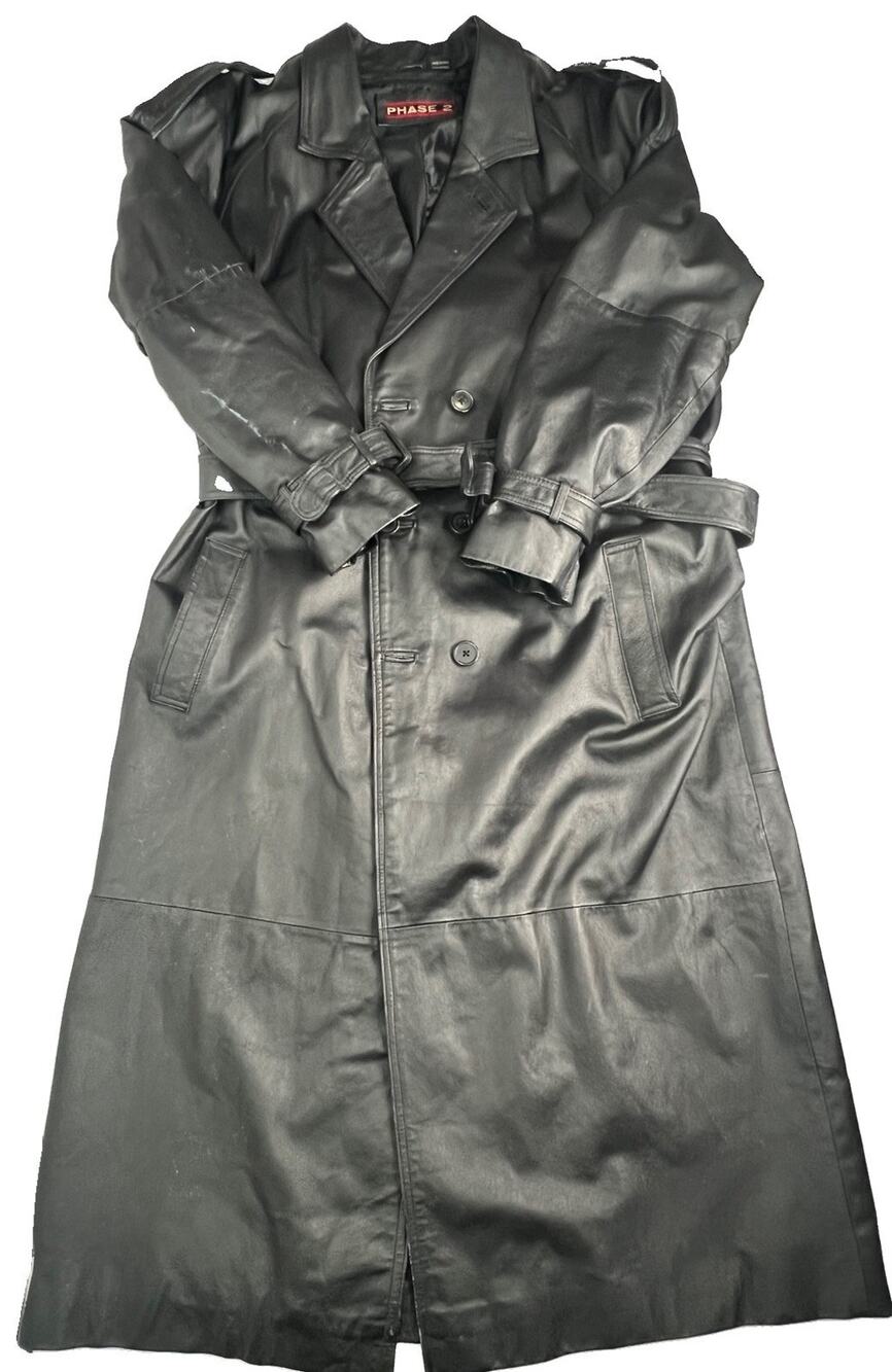 Phase 2 Black Leather Trench Coat Long Belted Men’s Size XL Read